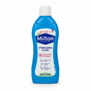 Milton blue bottle of sterilising fluid front view