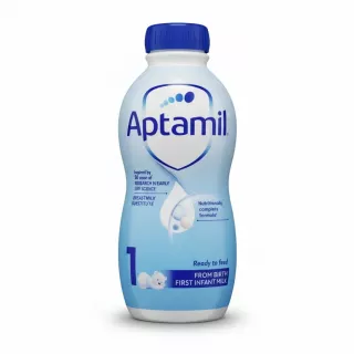 Aptamil First Infant Milk bottle front view with blue cap