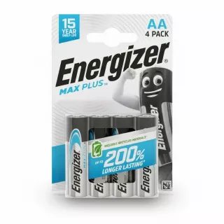 Front view of Energizer Max Plus AA 4 pack batteries in packaging