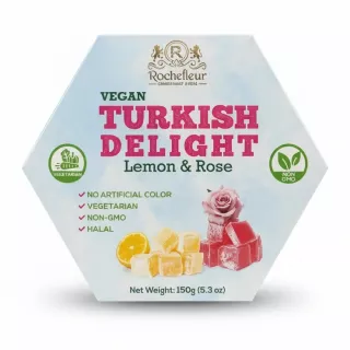 Rochefleur Vegan Turkish Delight Lemon & Rose hexagonal box front