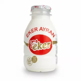 Bottle of Eker Ayran yogurt drink with red and gold logo
