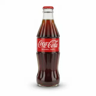 Hand holding a Coca Cola original taste 250ml glass bottle with red label