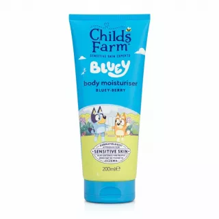 Tube of Childs Farm Bluey Bluey-Berry body moisturiser on a white background