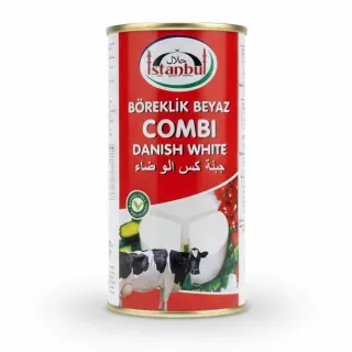 Istanbul Danish White Cheese Combi can with red label featuring cow and cheese images