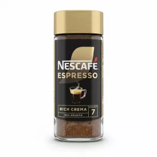 Glass jar of Nescafe Espresso Rich Crema instant coffee with gold lid