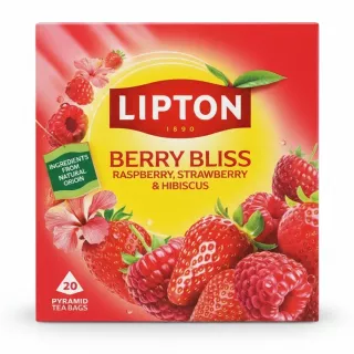 Lipton Berry Bliss Herbal Tea box front with strawberries and raspberries