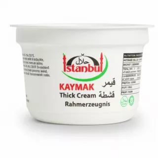 Side view of Istanbul Kaymak thick cream tub with product branding and halal certification