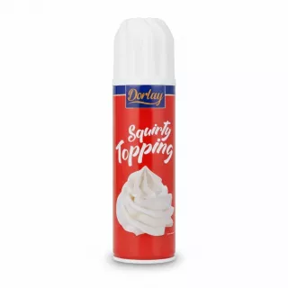 Dorlay Squirty Topping aerosol can front view with red label and white cream swirl