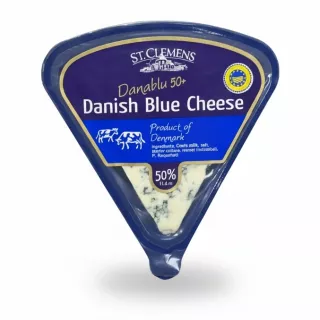 Front packaging of St. Clemens Danish Blue Cheese Danablu 50+ in a triangular blue pack