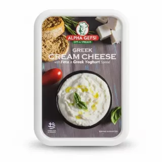 Alpha Gefsi Greek Cream Cheese spread in rectangular plastic tub
