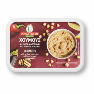 Alpha Gefsi hummus with grilled aubergine and red pepper tub front view