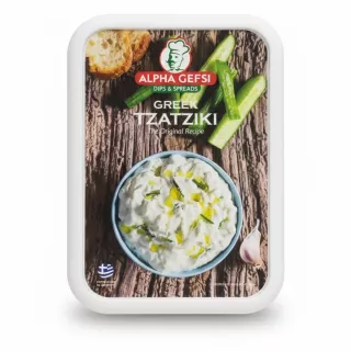 Alpha Gefsi Greek Tzatziki dip container with label showing creamy white dip with cucumber and olive oil