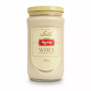 Jar of Somayeh whey kashk with beige label and yellow lid