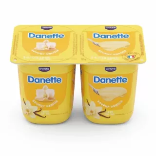 Four pack of Danette vanilla cream dessert pots in yellow packaging