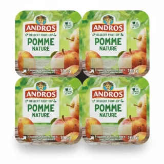 Andros Pomme Nature apple dessert four-pack with printed labels