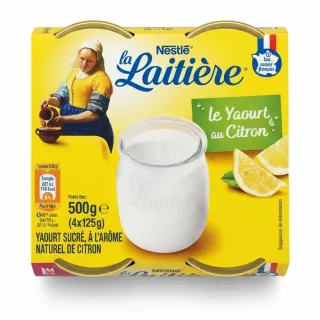 Nestlé La Laitière lemon yogurt four-pack with yellow packaging and lemon images