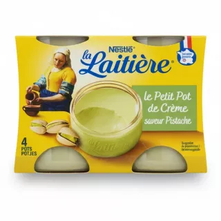 Pack of four Nestlé la Laitière pistachio cream pots in yellow packaging