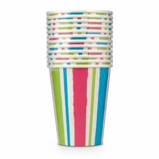 Stack of colourful striped disposable paper tumblers held in hand