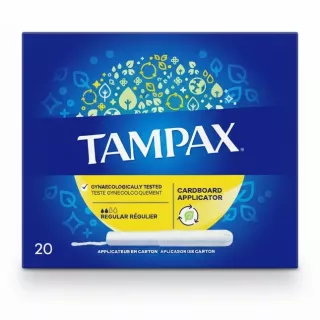 Box of Tampax Regular Tampons with cardboard applicator on front