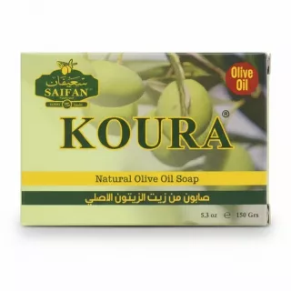 Saifan Koura natural olive oil soap packaging front with green olives image