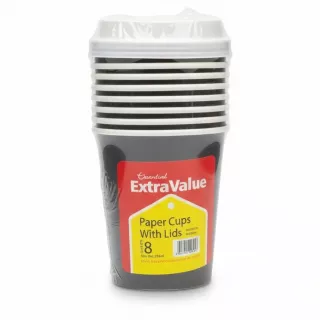 Pack of black Essential ExtraValue paper cups with white lids