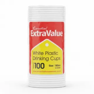 Pack of Extra Value white plastic drinking cups in clear plastic wrap