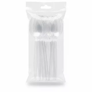 Pack of clear Euro Classic reusable plastic spoons in sealed packaging