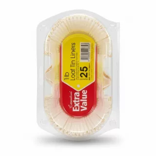 Pack of 25 cream-coloured loaf tin liners in clear plastic packaging