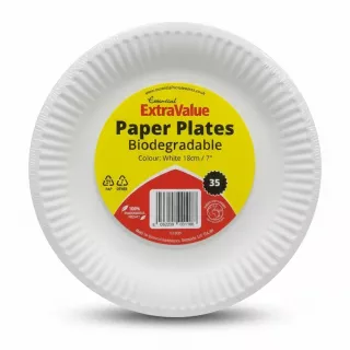 Pack of Essential ExtraValue biodegradable white paper plates with label