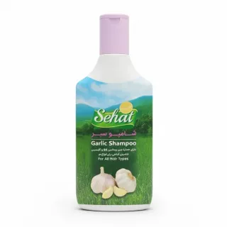 Sehat Garlic Shampoo bottle with green landscape label and garlic image
