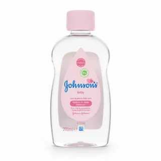 Johnson's Baby Oil bottle with pink cap and label showing moisture lock claims