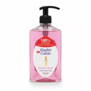Knights Castle Garden Rose luxury hand soap bottle front view showing pink soap and pump dispenser