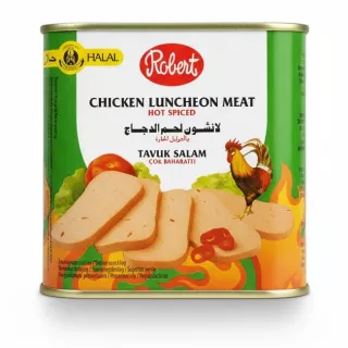 Robert Chicken Luncheon Meat Hot Spiced can front packaging