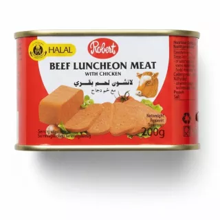 Can of Robert Beef Luncheon Meat with Chicken front label