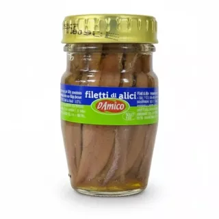 Small glass jar of D'Amico anchovy fillets with yellow lid on a white background