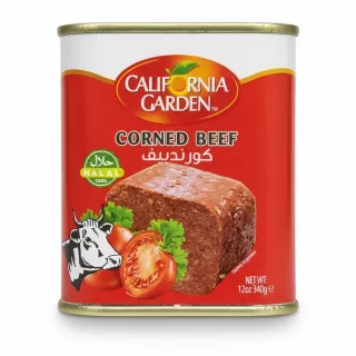 Tin of California Garden Corned Beef with red label and image of corned beef