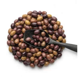 Mixed Mediterranean olives in brine without the container on a white background