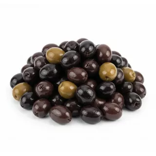 close-up of glossy black olives in brine without the container on a whit back ground