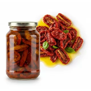 jar of sun-dried tomatoes immersed in olive oil lose outside container