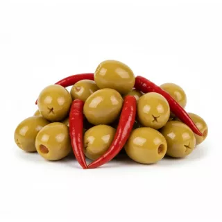 Close-up of spicy green olives mixed with red chilipeppers lose outside container