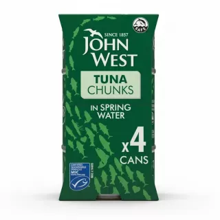 Pack of four John West Tuna Chunks cans in green packaging