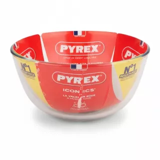 Pyrex Iconics clear glass mixing bowl with label inside