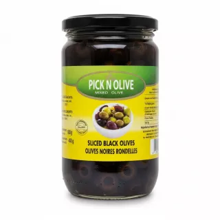 Jar of Pick N Olive sliced black olives with yellow and green label