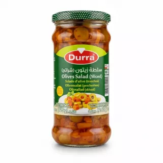 Jar of Durra sliced olives salad with carrots and chilli in sunflower oil