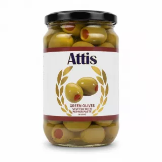 Jar of Attis green olives stuffed with red pepper paste