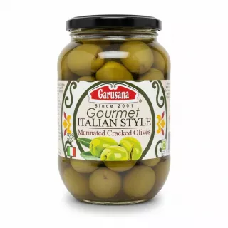 Jar of Garusana Gourmet Italian Style Marinated Cracked Green Olives