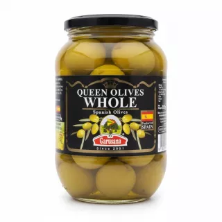 Jar of Garusana Queen whole Spanish olives with black label