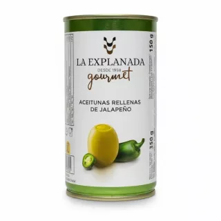 Can of La Explanada Gourmet green olives stuffed with jalapeño