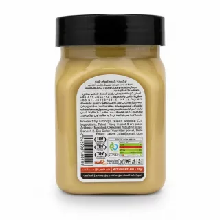 Back label of Devinjax Tahini bottle detailing ingredients and storage instructions