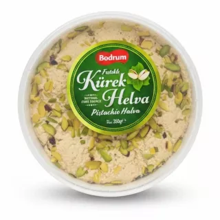 Bodrum Pistachio Tahini Halva in clear plastic tub with green label